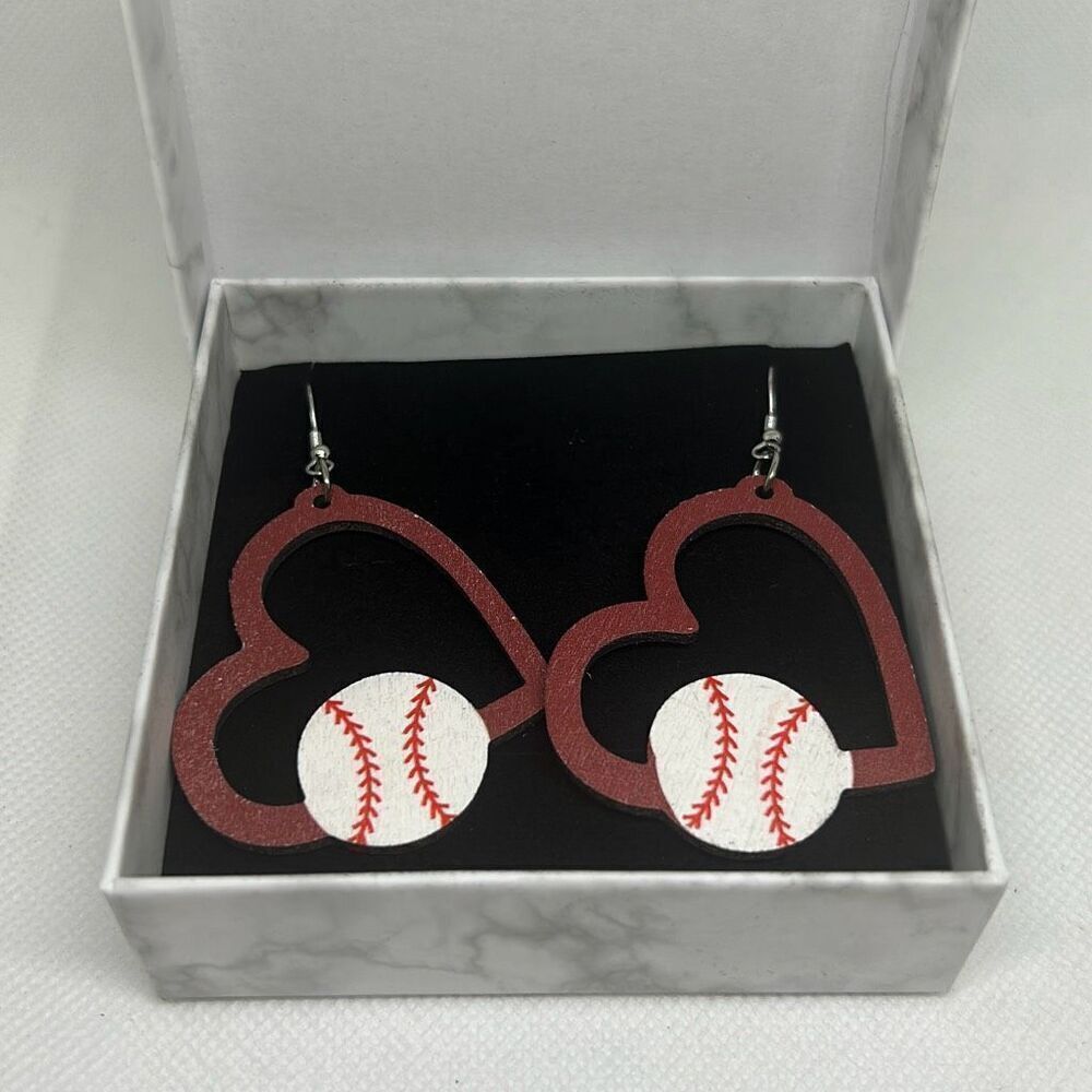 Wood heart baseball earrings